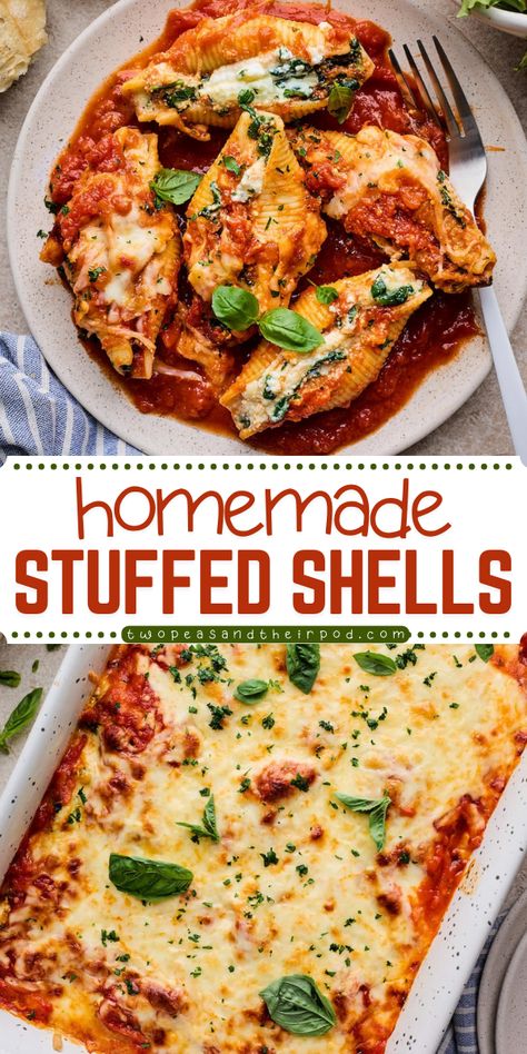 Stuffed Shells is a delicious, yummy comfort food! This hearty dinner recipe includes jumbo pasta shells filled with spinach, ricotta, and mozzarella, topped with marinara sauce and Parmesan cheese. It's a freezer friendly Italian meal that's vegetarian. Enjoy! Stuffed Shells With Spinach, Pasta Shells Stuffed, Italian Stuffed Shells, Shells Stuffed, Spinach Stuffed Shells, Cheesy Spinach, Jumbo Pasta Shells, Hearty Dinner Recipes, Spinach Ricotta