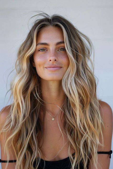 Natural Brunette With Blonde Hair, Blondette Hair Balayage, Blended Blonde And Brown Hair, West Coast Blonde Hair, Brown Blonde Long Hair, Lazy Blonde Hair, Wavy Blonde Balayage, Natural Look Blonde Hair, Blond Hair Outfit Ideas