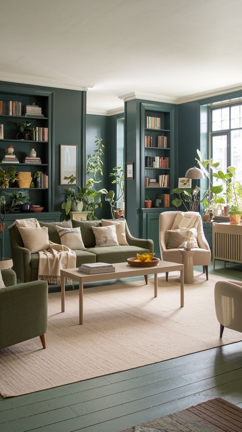 23 Dark Green Living Room Ideas | Dark Green Color Schemes, Accent Walls, and Decor Room Ideas Dark Green, Dark Green Living Room Decor, Green Living Room Aesthetic, Living Room Ideas Dark, Dark Green Living Room Ideas, Green Living Room Color Scheme, Green Family Rooms, Green Living Room Ideas, Green Walls Living Room