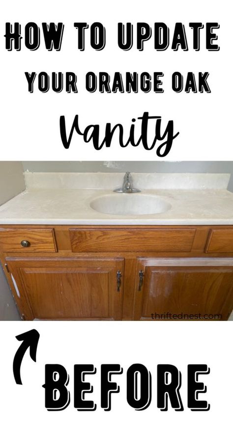 A builder grade oak vanity gets an easy update in this simple oak bathroom vanity makeover. An easy DIY tutorial using lime wash. We bought a house! We closed on our little 1930's farmhouse last summer and the list of DIY projects is long. So far we've completed: The Shaker Kitchen Cabinet MakeoverNew Flooring/PaintAdding a Refinished Vanity, Dresser Vanity Bathroom, We Bought A House, Bathroom Cabinets Diy, Upcycle Dresser, Oak Vanity, Oak Bathroom Vanity, Lime Wash, Vanity Makeover