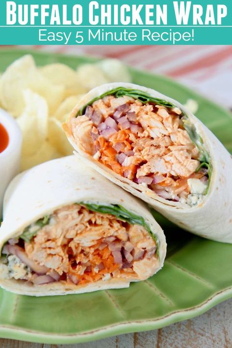 In just 5 minutes, toss together this easy buffalo chicken wrap recipe, filled with shredded buffalo chicken, veggies & cheese! These wraps can be served cold or gilled & served warm! Buffalo Chicken Wrap Recipe, Buffalo Chicken Wrap, Chicken Wrap Recipe, Chicken Buffalo, Buffalo Chicken Lettuce Wraps, Shredded Buffalo Chicken, Braised Chicken Breast, Buffalo Chicken Wraps, Easy Buffalo Chicken