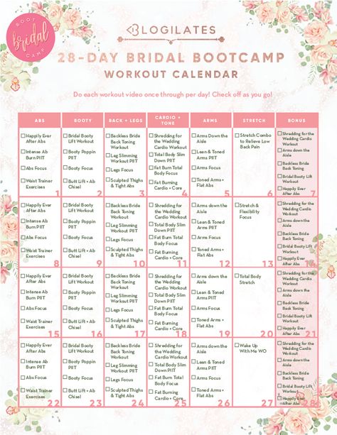 28-Day Bridal Bootcamp Workout Calendar Bridal Bootcamp Workout, Cardio Moves, Wedding Workout Plan, Bridal Bootcamp, Bridal Workout, Beachbody Workout, Bootcamp Workout, Bride Workout, Wedding Body