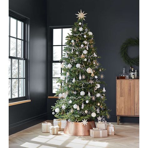 Gold Star Lit Christmas Tree Topper + Reviews | Crate and Barrel Crate And Barrel Christmas Tree, Christmas Tree With White Lights, Crate And Barrel Christmas, Christmas Tree Collar, Christmas Tree Toppers Lighted, Star Christmas Lights, Copper Christmas, Tree Collar, Classic Christmas Tree