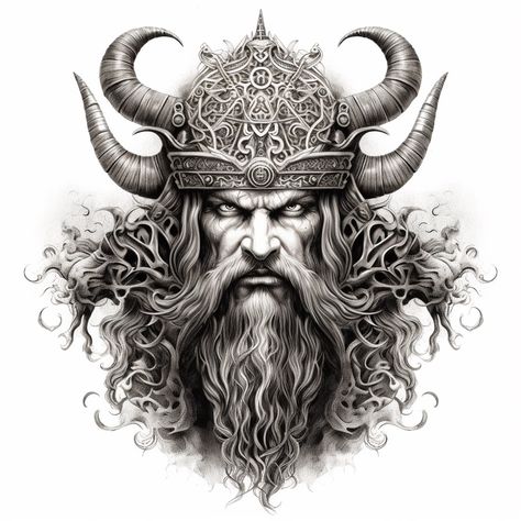 Odin Tattoo Design, Viking Drawings, Odin Tattoo, Skull Warrior, Norse Mythology Tattoo, Celtic Tattoo Designs, Warrior Design, Tool Tattoo, Vikings Tattoo