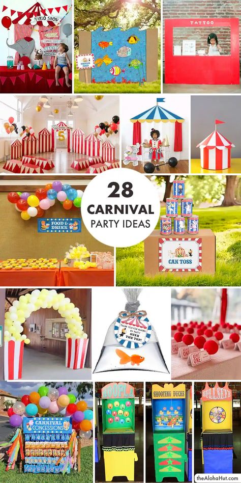 28 Awesome Carnival Party Ideas with a list of the best carnival games. Ideas for how to set up carnival booths and carnival tents. We've got lots of fun carnival ideas: popcorn garland, carnival concessions, carnival food, carnival signs, carnival decorations. Easy DIY carnival games: BINGO, scavenger hunt, mini golf, duck pond, fishing, carnival tattoos, carnival bean bag toss, duck games. Plus lots of ideas for the best carnival prizes and party favors. Carnival Birthday Games Diy, Carnival Office Party, Carnival Theme Booth Ideas, Diy Carnival Concession Stand, Cheap Carnival Party Ideas, Carnival Set Up Ideas, Fun Fair Party Ideas, Quick Carnival Games, Carnival Party Theme Decorations