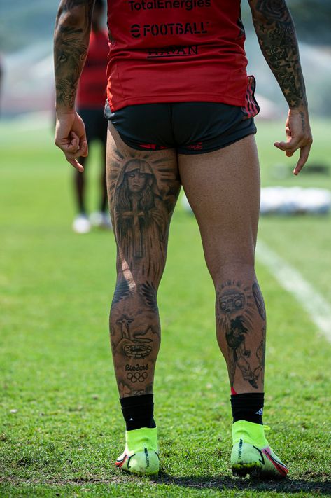 Football Leg Tattoo Men, Football Leg Tattoo, Playboy Tattoo Men, 4lifers Tattoo, Leg Sleeve Tattoo Men Full, Leg Tats For Guys, Mens Thigh Tattoo, Thigh Tats Men, Thigh Tattoos Men