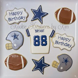 Dallas Cowboy cookies - Kookie Kreations by Kim Dallas Cowboys Cake, Dallas Cowboys Birthday, Dallas Cowboys Party, Cowboy Birthday Cakes, Cookie Recipes Decorating, 88th Birthday, Cowboy Theme Party, Football Cookies, Cut Out Cookie Recipe