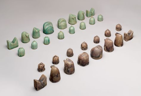 Chess Set  Date: 12th century Geography: Iran, Nishapur Culture: Islamic Medium: Stonepaste; molded and glazed  Dimensions: Largest piece (King) H. 2 in. 5.5 cm Diam. 2 1/8 in. (4.4 cm) Small piece (pawn) H. 3.3 cm. Diam. 2.9 cm History Of Chess, Medieval Chess, Modern Chess Set, Medieval Games, Kings Game, British Library, 12th Century, Chess Pieces, Game Pieces