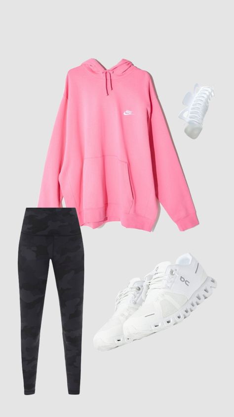 Preppy On Cloud Shoes, On Cloud Outfit Ideas, Outfits With On Cloud Shoes, Pink Nike Hoodie Outfit, What To Wear With Camo Leggings, Cloud Shoes Outfit, Pink Nike Shoes Outfit, Athleisure Outfits Leggings, Carson Roney