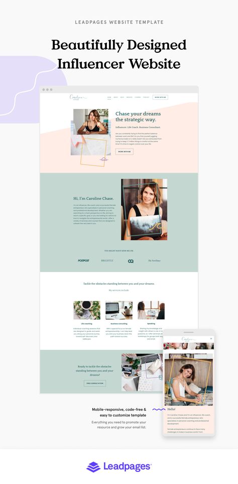 Take your influencer career to the next level with this website template, including an about me section and pages for your courses or services. About Me Section Website, Sales Website, Life Coach Business, Free Website Templates, Chase Your Dreams, Consulting Business, Website Template, Influencer, Dreaming Of You