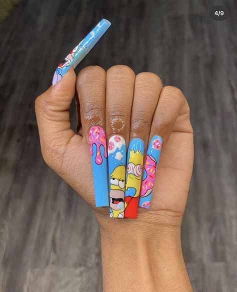 Rick E Morty, Cartoon Nail Art, Acrylic Inspiration, Yellow Nails Design, Long Acrylic Nail Designs, Drip Nails, Cute Acrylic Nail Designs, Dope Nail Designs, Acrylic Nails Coffin Pink