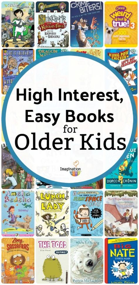 Easy Books for Older Kids (Who Are Struggling Readers) | Imagination Soup Reading Tutor, Easy Chapter Books, Children's Library, Learning Differences, Easy Books, Reluctant Readers, Middle Grade Books, Struggling Readers, Middle Schoolers