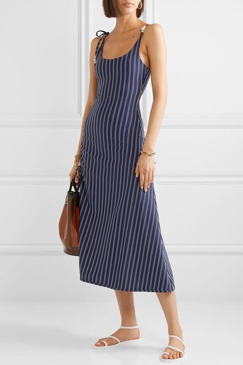 Solid & Striped Bead-Embellished Midi Dress Striped Dress Outfit, Roxanne Assoulin, Polished Casual, Embellished Midi Dress, Solid And Striped, Wearing Color, Chic Skirts, Stripe Outfits, Blue Striped Dress