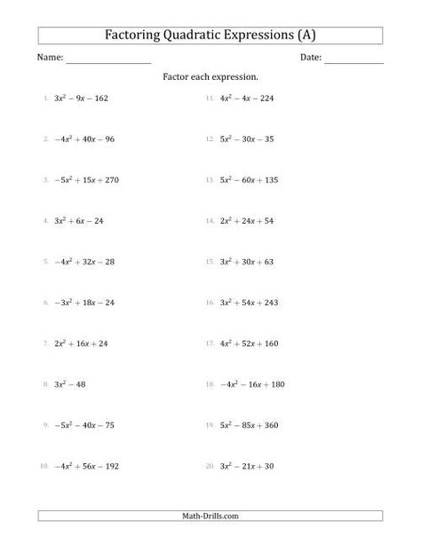 The Factoring Quadratic Expressions with Positive or Negative 'a' Coefficients of 1 with a Common Factor Step (A) Math Worksheet Fact Family Worksheet, Thanksgiving Math Worksheets, Money Math Worksheets, Number Sense Worksheets, Multiplication Facts Worksheets, Halloween Math Worksheets, Christmas Math Worksheets, Geometry Worksheets, Money Math