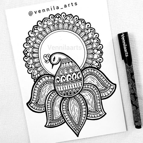 Peacock mandala art Peacock Doodle Art, Peacock Mandala Art Easy, Mandala Peacock Design, Mandala Art Peacock, Peacock Drawing Simple, Peacock Mandala Art, Mehndi Drawing, Rangoli Drawing, Mandala Peacock