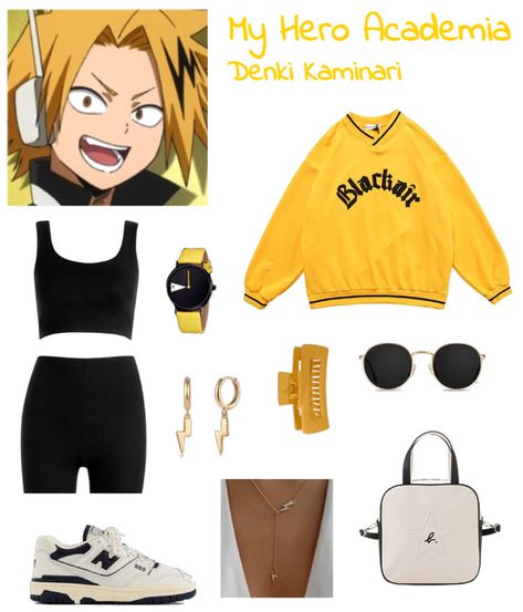 Get ready to show off your electrifying style with this Denki Kaminari look! This streetwear outfit features a comfortable black co-ord paired with a bold yellow jumper for a pop of colour. Perfect for those who want to make a statement and stay comfortable at the same time. Inspired by the hit anime series, My Hero Academia, this outfit is sure to bring out your inner hero. Don't miss out on the chance to shine like Denki Kaminari! My Hero Academia Denki Kaminari, My Hero Academia Denki, Preppy Earrings, Track Outfits, Sanrio Clothes, Cute Sweatpants Outfit, Denki Kaminari, Academia Outfits, Character Inspired Outfits