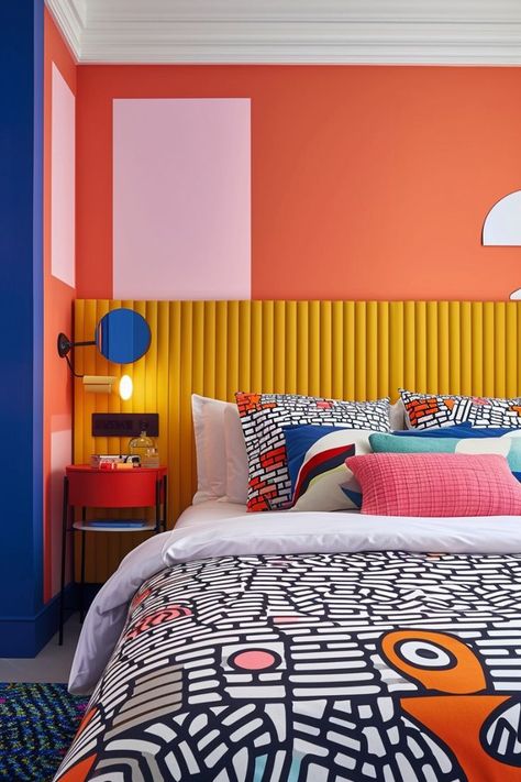 14 Vibrant Color Bedroom, Bedroom Dopamine Decor, Dopamine Decor Color Palette, Dopamine Bedroom, Dopamine Decor Bedroom, Dopamine Design, Colorful Kids Bedroom, Orange Bed, Interior Design Styles Quiz