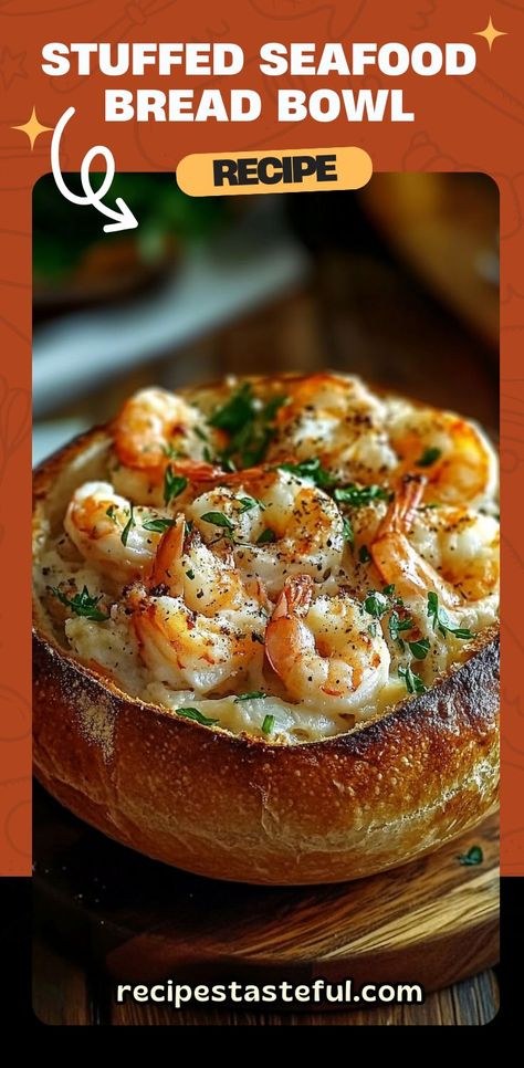 This Stuffed Seafood Bread Bowl is a decadent and delicious dish that's perfect for any occasion. Filled with a creamy blend of shrimp, lump crab meat, and a variety of flavorful cheeses and spices, it’s sure to be the star of your next gathering. The warm, cheesy seafood mixture is served in a crispy sourdough bowl, making it both a satisfying appetizer and a fun way to enjoy seafood. Serve with the reserved bread pieces, crackers, or veggies for dipping! #SeafoodBreadBowl Stuffed Seafood, Soup Bread Bowl, Sourdough Bowl, Seafood Bread, Bread Bowl Dip, Seafood Appetizers Easy, Soup Bread, Creamy Seafood, Bread Bowl Recipe