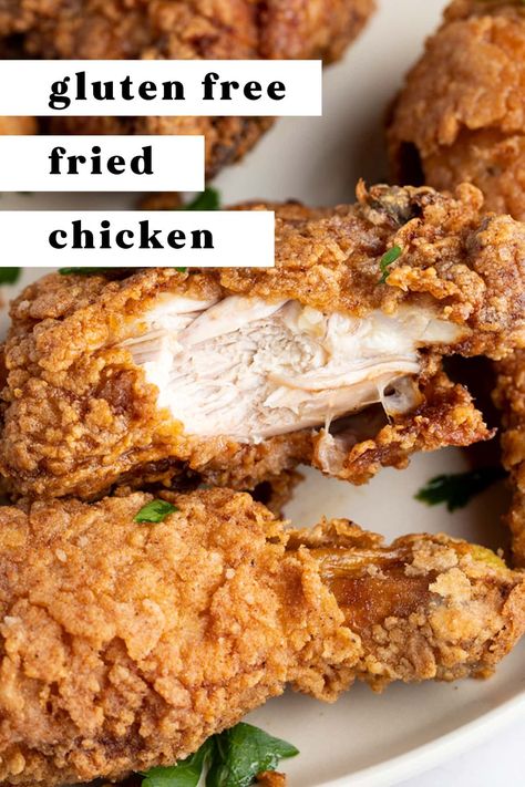 This gluten free fried chicken recipe uses simple ingredients for perfectly juicy chicken with an unbelievably crispy, seasoned breading. It's every bit as good as traditional fried chicken but completely gluten free. Easy to make dairy free, too! Gluten Free Country Fried Chicken, Gluten Free Breading For Chicken, Gluten Free Chicken Fried Chicken, Gluten Free Breaded Chicken, Chicken Recipes No Dairy, Fried Boneless Chicken Breast, Gluten Free Baked Chicken, Fried Chicken Thigh Recipes, Gluten Free Fried Chicken