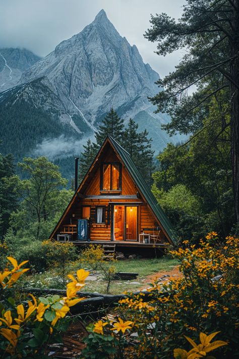 A-Frame Alpine Adventure 🏔️🏡 Mountainside Homes, Mountain Cabin Aesthetic, Cabin In Mountains, Cottage In The Mountains, Alpine Cabin, Forest Hut, Montana Cabin, Cabin Windows, Cabin Aesthetic