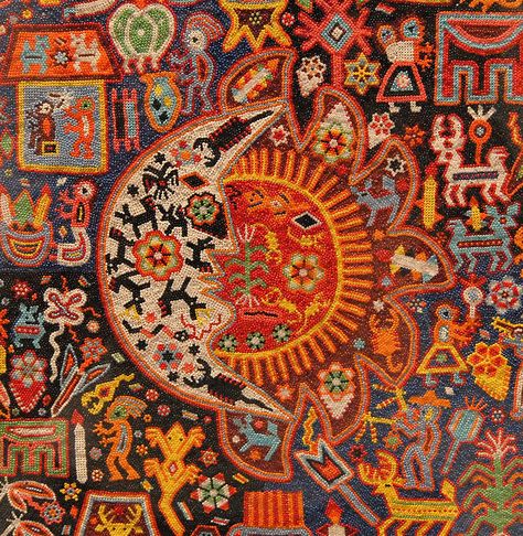 Huichol Sun and Moon ,  created with seed beads impressed in wax rather than yarn or thread. Popular Arts Museum Mexico City Yarn Painting, Huichol Art, Popular Art, Arte Sketchbook, Arte Inspo, Arte Popular, Mexican Art, Mexican Folk Art, Sun And Moon