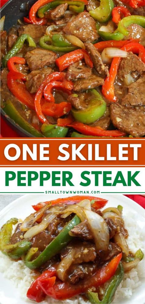 This easy Pepper Steak recipe is just what you need for weeknight dinners! It is a super flavor packed stir fry meal full of tender steak, crisp bell peppers, and onions all in a sweet and savory ginger sauce. Plus, it comes together in less than 30 minutes! Save this beef recipe for dinner! Pepper Steak Recipe Easy, Easy Pepper Steak Recipe, Steak And Peppers, Peper Steak, Steak Healthy, Beef Pepper Steak, Dinner Skillet, Pepper Steak Stir Fry, Healthy Skillet