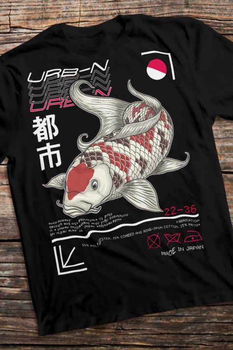 Japan Art Style Koi Fish. Traditional Koi Fish Japanese Style. Amazing japanese art style design, featuring a hand drawn koi fish in a beautiful japanese landscape on a wonderful retro sunset background. Great gift idea for christmas and every man and woman who loves japanese symbols and the japan history, as well as the culture. Cool japanese koi t-shirt and hoodie for every manga and japan fan. Japanese T Shirt Design Ideas, Japanese Shirt Design, Japanese T Shirt Design, Japanese Tshirt Design, Traditional Koi Fish, Japan T Shirt, Koi Fish Japanese, Japanese Art Style, Japanese Symbols