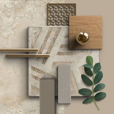 The Monaco Beige & Beige Decor Tiles make a bold & stylish statement with their unique textural design. The geometric inspired look has a weathered stone like finish, bringing even more texture & interest to the walls or floor. Pair with gold brassware to create a stylish, timeless look. #EasyBathrooms #MoodBoard #BathroomInspo #Tiles #BathroomDesign #HomeInspo #InteriorDesign #InteriorInspo #tileaddiction #walltiles #tilecrush #bathroominspo #bathroomdesign #bathroomstyle #Tileinspo Oak Moodboard, Material Palette Mood Boards, Bronze Moodboard, Tile Color Palette, Japandi Color Palette, Mod Board, Material Moodboard, Neutrals Palette, Material Collage