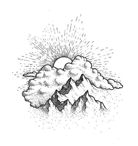 Surreal Nature, Sun Landscape, Fineliner Art, Cloud Tattoo, Sun Tattoos, Tattoo Flash Art, Black Ink Tattoos, Nature Tattoos, Ink Illustrations