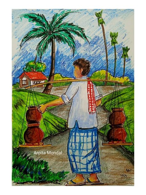 Oil Pastel Village Scene, Composition Painting For Class 12, Kids Scenery Drawing, Village Scene Drawing Paintings, Village Scene Drawing Easy, Subject Drawing, Village Scene Drawing, Scenery Drawing For Kids, Village Drawing