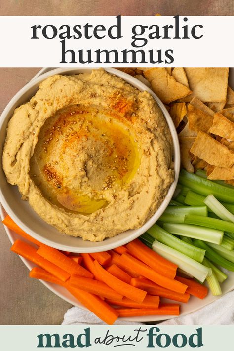 Roasted Garlic Hummus Recipe, Easy Roasted Garlic, Creamy Hummus Recipe, Garlic Hummus Recipe, Winter Appetizers, Roasted Garlic Hummus, Homemade Flatbread, Garlic Hummus, Make Hummus