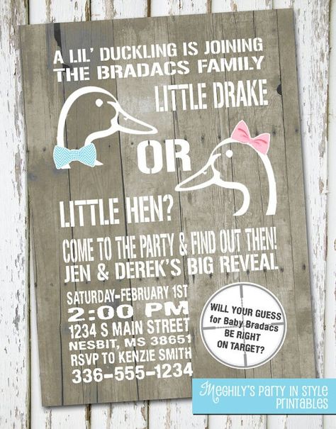 Drake or hen? Invitation Gender reveal Camo Gender Reveal, Duck Gender Reveal, Hunting Theme, Gender Reveal Themes, Gender Reveal Ideas, Gender Party, Baby Gender Reveal Party, Gender Reveal Invitations, Baby Gender Reveal