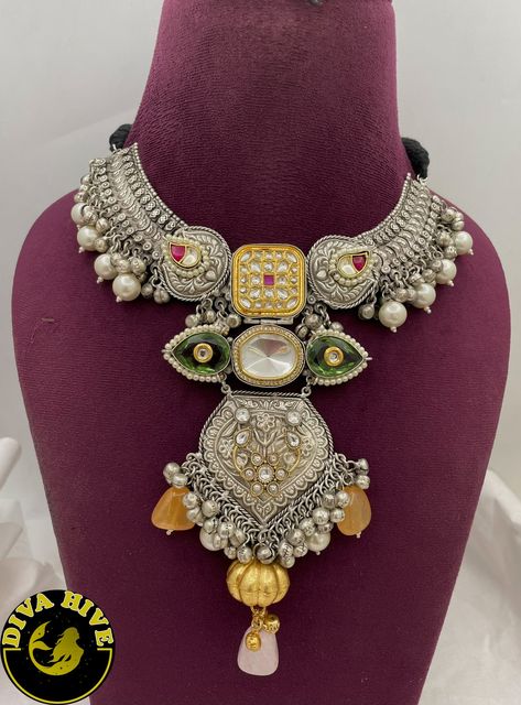 Our special Necklace is curated on brass crafted Pachi Kundan and quartz Polki with Real Stones and High quality BeadsThis is a absolutely gorgeous and trending Piece.Metal: Brass with 92.5 SilverPolish: Silver Nickel FreePerfect for all occasion(Party, Wedding ,Engagement)Note: This product is handcrafted and vintage, it has slight irregularities in design which only add to its beauty. Due to the differences in displays of computers/laptops/phones or may be photographic lighting sources the col Silver Kundan Necklace In Brass For Celebration, Ceremonial Silver Fusion Kundan Necklace, Silver Gold-plated Kundan Necklace For Festive Occasions, Festive Silver Kundan Necklace In Brass, Festive Silver Multi-stone Kundan Necklace, Engagement Notes, Diamond Pendant Sets, Statement Choker, Antique Jewelry Indian