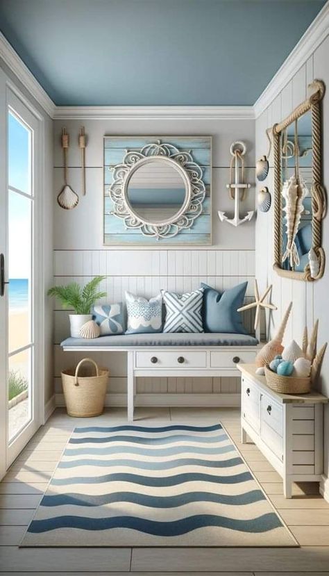 Beach House Entryway, Modern Coastal Living Room, Nautical Decorations, White Wicker Furniture, Rope Mirror, Beach House Living Room, Beach House Interior Design, White Bed Frame, Outdoor Bath