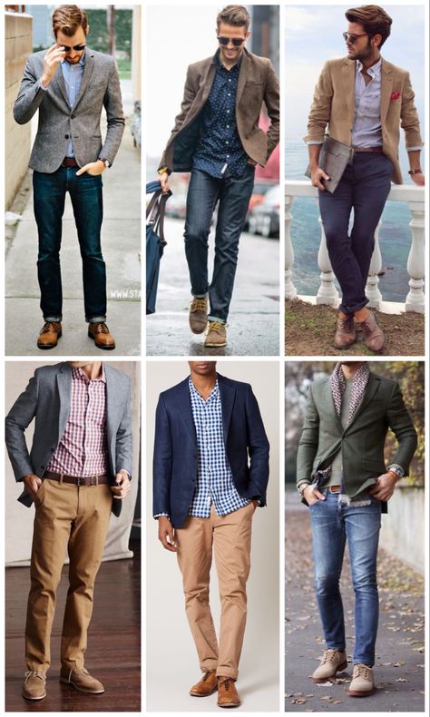 Dress shirt, jeans or slacks or chinos, blazer or suitcoat or sport coat, derby shoes Men’s Blazer And Jeans Outfits, Men’s Suit Jacket Outfit, Men’s Sport Coat Outfit With Jeans, Mens Jeans Blazer Outfit, Men’s Sport Coat And Jeans, Mens Sports Coat With Jeans, Mens Business Casual Outfits Khakis, Mens Sport Coat Outfit Jeans, Men’s Summer Office Wear