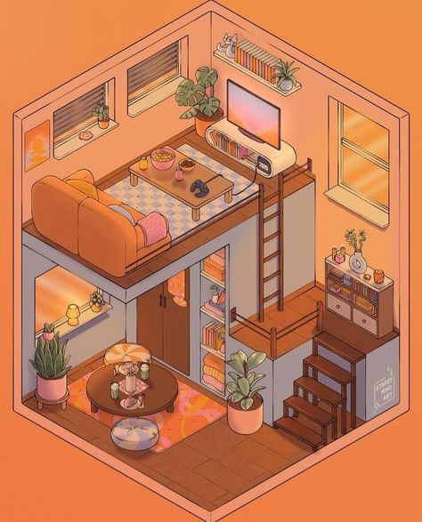 Loft Room Drawing, Procreate Room Design, Cute Isometric Room, Isometric Drawing House, Isometric Room Design, Isometric Illustration Room, Isometric Room Art, Isometric Room Drawing, Minecraft Loft