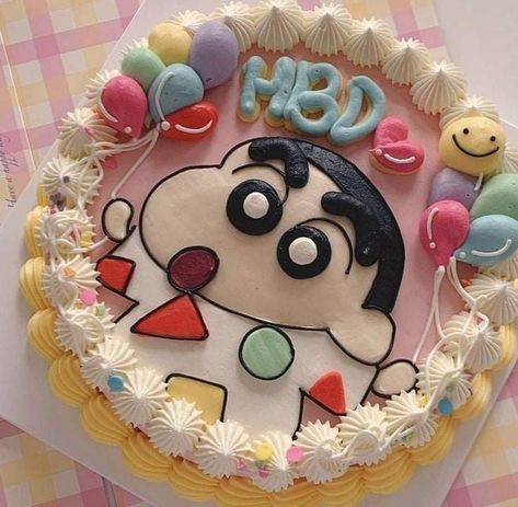 Korea Cake Design, Shin Chan Cake, Doraemon Cake, Doodle Cake, Bd Cake, Modern Birthday Cakes, Small Birthday Cakes, Girly Birthday, Sinchan Cartoon