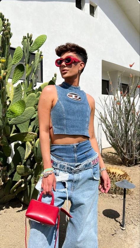 Guys Aesthetic Outfits, Gay Party Outfit, Feminine Guys Aesthetic, James Charles Outfits, Gay Outfits, Festival Outfit Inspiration, Denim Party, Boys Style, Queer Fashion