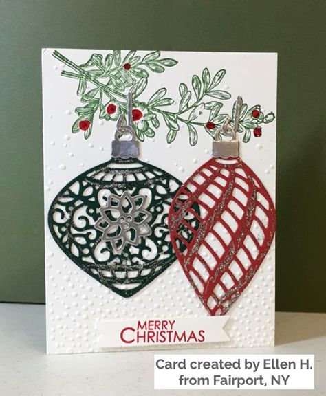 Stampin Up Christmas Card Swap | Simplestampin | Delicate Ornament thinlits Stamped Christmas Cards, Christmas Card Ornaments, Ornament Card, Christmas Card Inspiration, Homemade Christmas Cards, Stampin Up Christmas Cards, Merry Christmas To You, Stampin Up Christmas, Nsw Australia