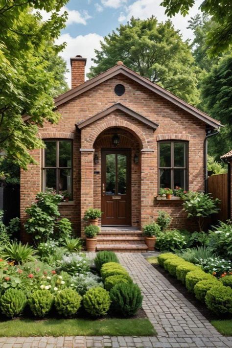 Small Neighborhood House, Suburban Tiny House, Small Brick House Exterior, Tiny Brick House, British House Exterior, Small English Cottage, English Cottage Exterior, Themed Movie Night, Cute Small Houses