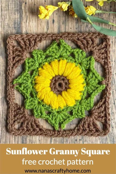 Sunflower Granny Square, Granny Square Pattern Free, Square Crochet Pattern, Blanket Tutorial, Granny Square Crochet Patterns Free, Crochet Motif Patterns, Crochet Sunflower, Granny Square Blanket, The Sunflower