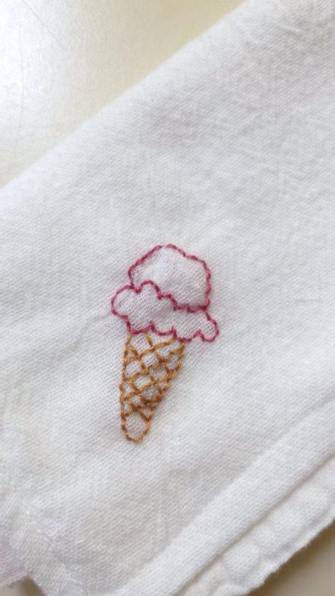 Embroidered Ice Cream, Ice Cream Cone Embroidery, Hand Embroidered Handkerchief, Ice Cream Embroidery, Flower Handkerchief, Tiny Embroidery, Lilly Prints, Denim Embroidery, Embroidered Letters