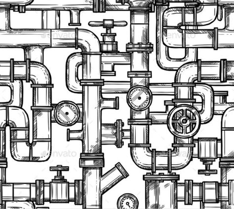 Steampunk Background, Steampunk Drawing, Steampunk Patterns, Pattern Design Drawing, Plumbing Drawing, Vector Sketch, Steampunk Art, Zentangle Patterns, Water Pipes