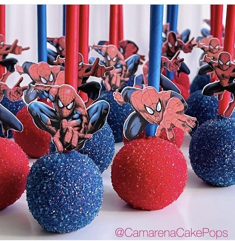 Spiderman Party Desserts, Spiderman Cake Pops Ideas, Spiderman Rice Crispy Treats, Spidey Cake Pops, Spiderman Candy Table, Spider Man Party Food Ideas, Spider Man Cake Pops, Spiderman Dessert Table, Spiderman Cakepops