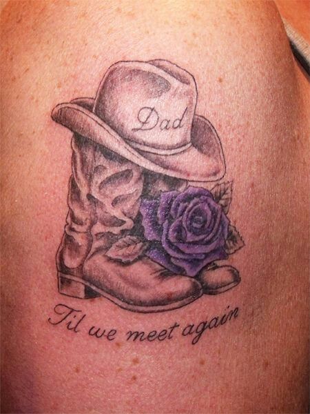 Lovely idea for Deddy... Cowboy Boot Tattoo, Tribute Tattoo, Tattoos For Dad Memorial, Fire Boots, Tattoos For Women Small Meaningful, Cowgirl Tattoos, Cowboy Tattoos, Tribute Tattoos