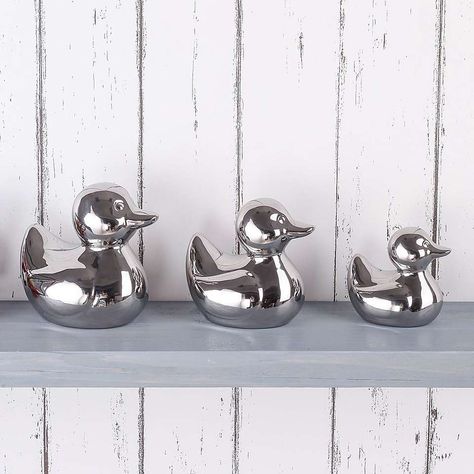 Set of 3 Silver Ceramic Ducks | Dunelm Silver Home Accessories, Bathroom Ornaments, Duck Ornaments, Silver Bathroom, Bathroom Decor Sets, Ceramic Set, Hammered Metal, At Home Store, Bathroom Sets