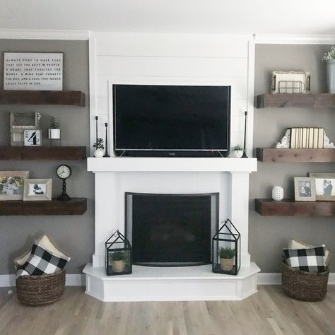 Living Room Shelves Beside Fireplace, Tv Fireplace Floating Shelves, Living Room With White Washed Fireplace, Floating Shelves Next To Mantle, Diy Floating Shelves By Fireplace, Family Room Floating Shelves Decor, Floating Shelves Next To Fireplace Living Room, Floating Shelves Mantle, Fireplace Makeover With Shelves