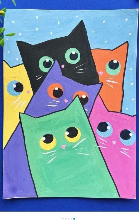 Cute Cat Painting Easy, Easy Cat Painting, Halloween Cat Drawing, Cat Painting Easy, Color Markers Art, فنسنت فان جوخ, Diy Chat, Kids Canvas Painting, Posca Art