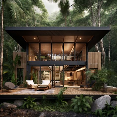 Bali Jungle Villa, Small Modern Tropical House, Small Tropical House Design, Bali Villa Design Tropical Homes, Modern Jungle House, Modern Tropical House Exterior, Jungle Homes, Tropical Villa Design, Small Tropical House