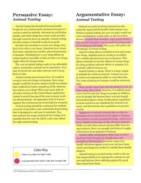 Looking for side by side exemplars of ARGUMENTATIVE vs. PERSUASIVE WRITING on the same topic? (6 Traits of Writing offered free by SmekensEducation.com)  Color coded PDF direct link: http://www.smekenseducation.com/460e666a19_sites/www.smekenseducation.com/files/Arg_v_Pers_Animal_Testing__Color_Key__REVISED.pdf  AND black and white direct link: http://www.smekenseducation.com/460e666a19_sites/www.smekenseducation.com/files/Arg_v_Pers_Animal_Testing__BW__REVISED.pdf Argumentive Essay Examples, Argumentive Essay Topics, Argumentative Writing Examples, Example Of Argumentative Essay, Argumentative Essay Topics Ideas, Argumentive Essay, Persuasive Essay Examples, Argumentative Essay Examples, Persuasive Writing Examples